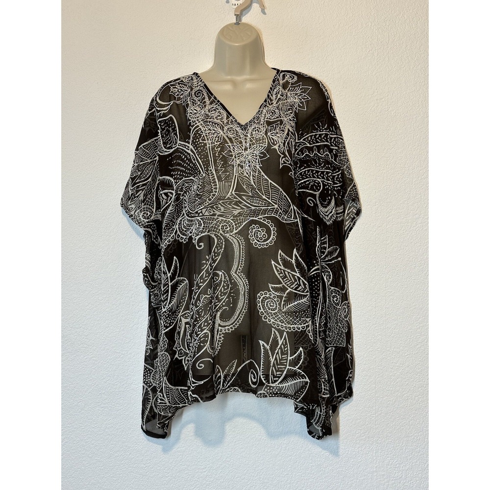 Kaftan One Size Blouse Brown Semi Sheer Embroidered Sequins Beach Travel Chicos